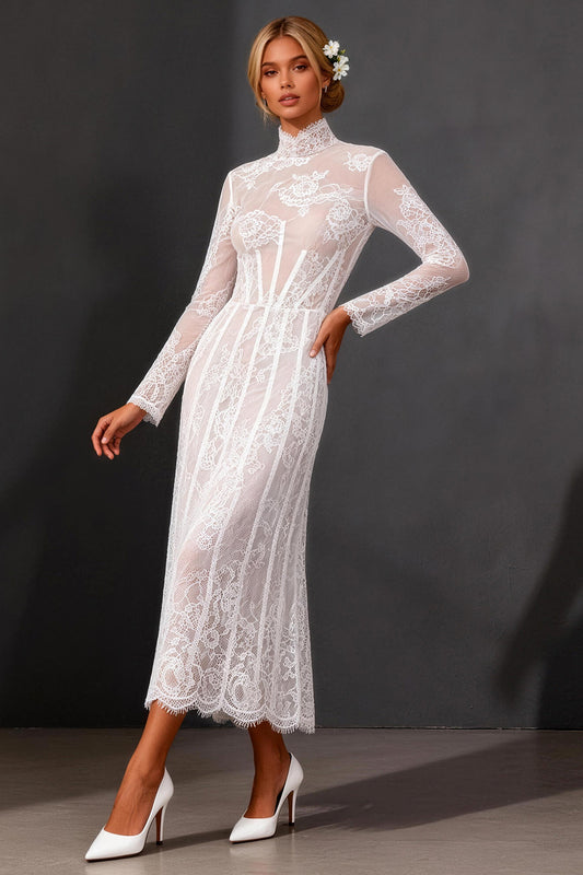 White Corset High Neck Lace Maxi A Line Boho Wedding Dress with Sleeves