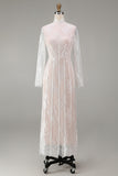White Corset High Neck Lace Maxi A Line Boho Wedding Dress with Sleeves