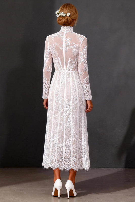 White Corset High Neck Lace Maxi A Line Boho Wedding Dress with Sleeves