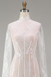 White Corset High Neck Lace Maxi A Line Boho Wedding Dress with Sleeves