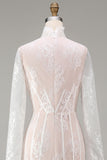 White Corset High Neck Lace Maxi A Line Boho Wedding Dress with Sleeves