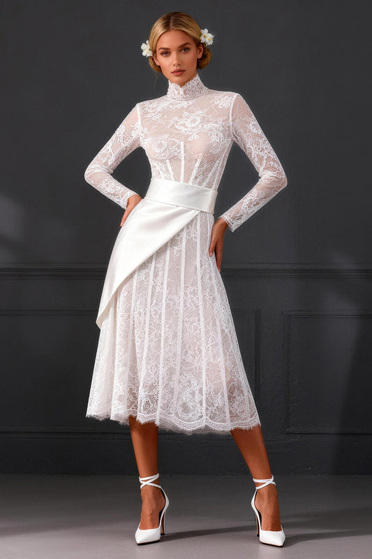 White Long Sleeves A Line High Neck Corset Boho Wedding Dress with Side Cape