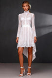 White High Neck High-Low Corset A Line Boho Wedding Dress with Sleeves