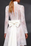 White High Neck High-Low Corset A Line Boho Wedding Dress with Sleeves