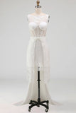 White Corset Boat Neck High Low A Line Boho Wedding Dress with Cape