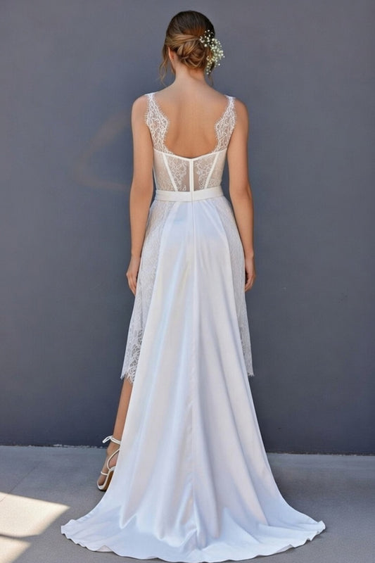 White Corset Boat Neck High Low A Line Boho Wedding Dress with Cape