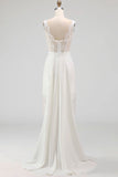 White Corset Boat Neck High Low A Line Boho Wedding Dress with Cape