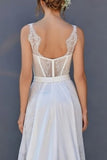 White Corset Boat Neck High Low A Line Boho Wedding Dress with Cape