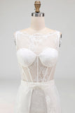 White Corset Boat Neck High Low A Line Boho Wedding Dress with Cape