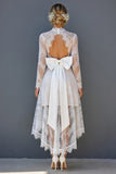 White Lace Corset High-Low Long Sleeves Open Back Boho Wedding Dress with Bow