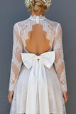 White Lace Corset High-Low Long Sleeves Open Back Boho Wedding Dress with Bow