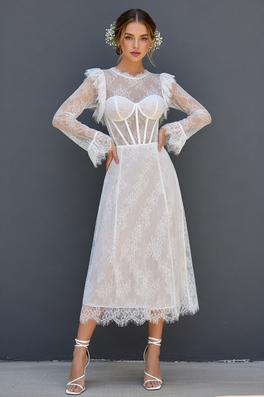 White Maxi A Line Ruffled Sleeves Corset Round Neck Boho Wedding Dress