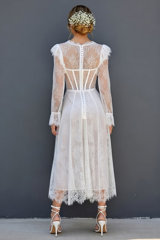 White Maxi A Line Ruffled Sleeves Corset Round Neck Boho Wedding Dress