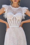 White Round Neck A Line Corset Maxi Boho Wedding Dress with Ruffles