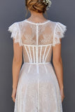 White Round Neck A Line Corset Maxi Boho Wedding Dress with Ruffles