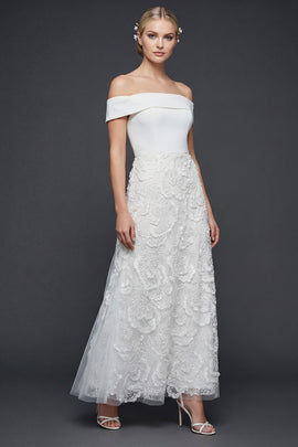 White Floral A Line Maxi Off the Shoulder Boho Wedding Dress with Appliques