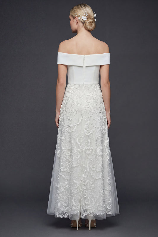 White Floral A Line Maxi Off the Shoulder Boho Wedding Dress with Appliques