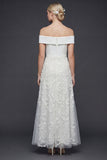 White Floral A Line Maxi Off the Shoulder Boho Wedding Dress with Appliques