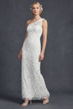 Sparkly White Floral Mermiad Maxi One Shoulder Beaded Boho Wedding Dress with Appliques