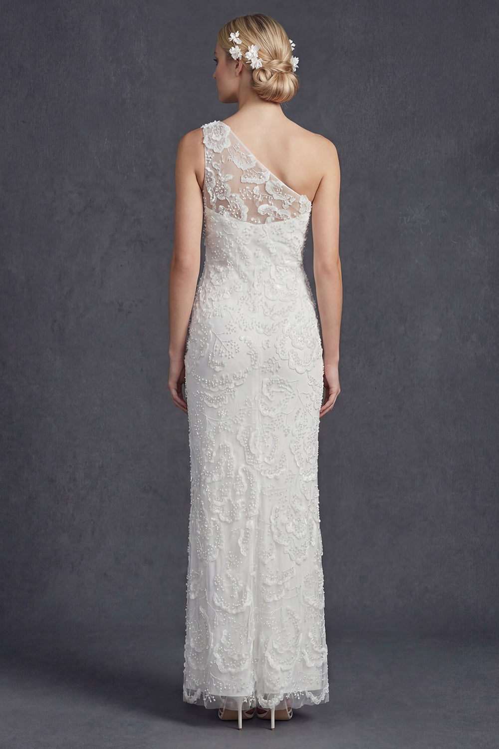 Sparkly White Floral Mermiad Maxi One Shoulder Beaded Boho Wedding Dress with Appliques