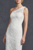 Sparkly White Floral Mermiad Maxi One Shoulder Beaded Boho Wedding Dress with Appliques