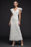 Sparkly White Floral V Neck Maxi Appliqued Beaded Boho Wedding Dress with Ruffles