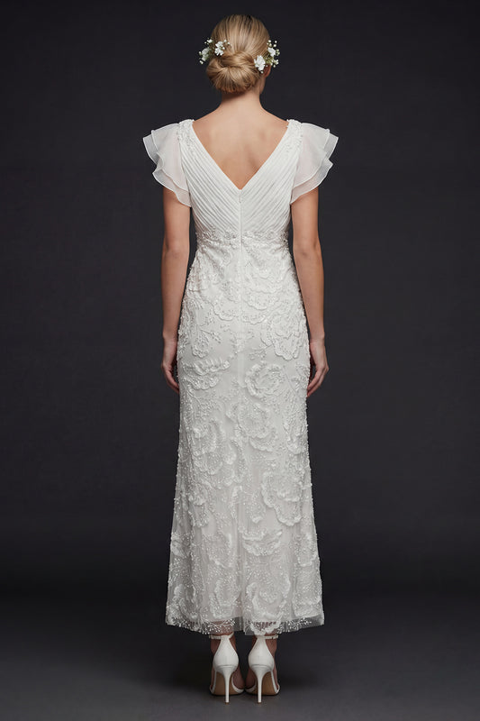 Sparkly White Floral V Neck Maxi Appliqued Beaded Boho Wedding Dress with Ruffles