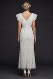 Sparkly White Floral V Neck Maxi Appliqued Beaded Boho Wedding Dress with Ruffles