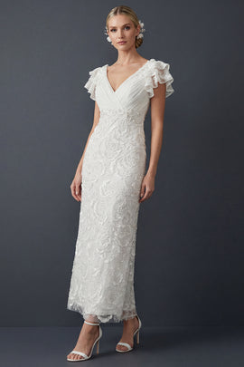 Sparkly White Sheath Maxi V Neck Beaded Ruffled Boho Wedding Dress