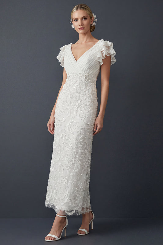 Sparkly White Sheath Maxi V Neck Beaded Ruffled Boho Wedding Dress