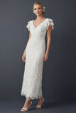 Sparkly White Sheath Maxi V Neck Beaded Ruffled Boho Wedding Dress