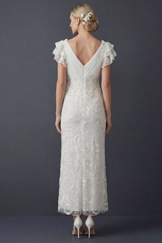 Sparkly White Sheath Maxi V Neck Beaded Ruffled Boho Wedding Dress