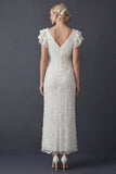 Sparkly White Sheath Maxi V Neck Beaded Ruffled Boho Wedding Dress