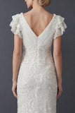 Sparkly White Sheath Maxi V Neck Beaded Ruffled Boho Wedding Dress