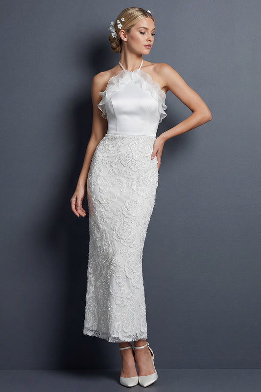 Sparkly White Halter Maxi Mermaid Appliqued Ruffled Boho Wedding Dress