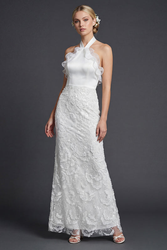 Sparkly White Halter Sheath Appliqued Ruffled Boho Wedding Dress