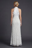 Sparkly White Halter Sheath Appliqued Ruffled Boho Wedding Dress