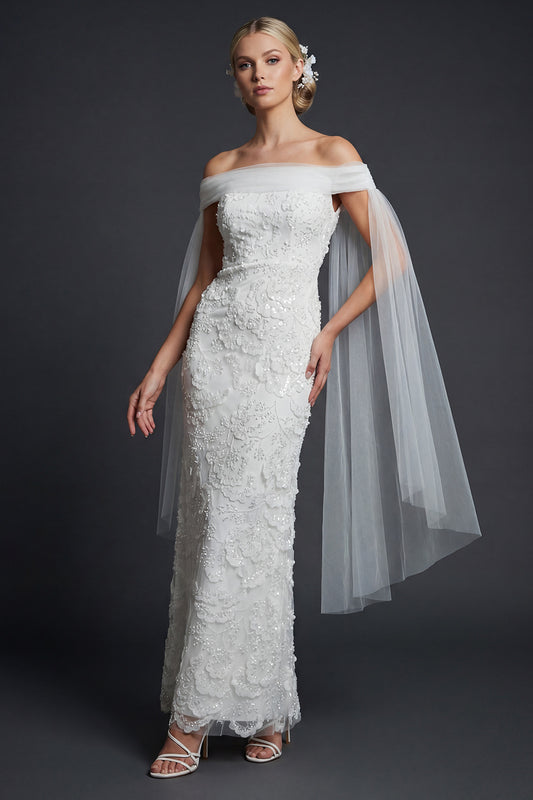 Sparkly White Off the Shoulder Beaded Maxi Mermaid Floral Boho Wedding Dress