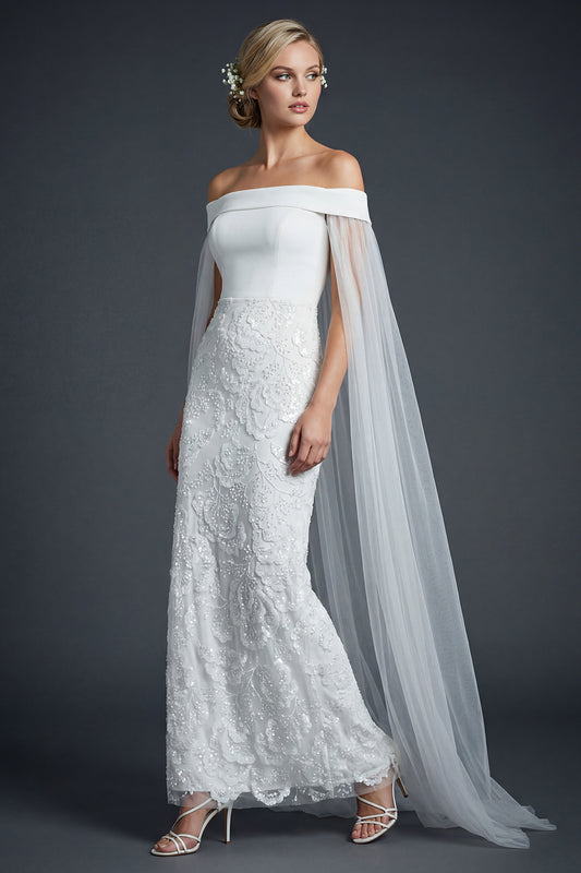 White Off the Shoulder Sparkly Beaded Maxi Mermaid Floral Boho Wedding Dress with Cape