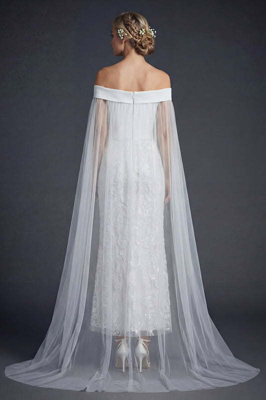 White Off the Shoulder Sparkly Beaded Maxi Mermaid Floral Boho Wedding Dress with Cape