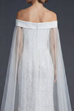 White Off the Shoulder Sparkly Beaded Maxi Mermaid Floral Boho Wedding Dress with Cape