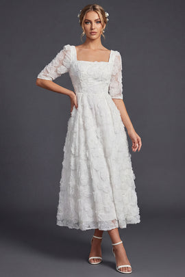 Sparkly White Beaded Square Neck Floral Maxi Boho Wedding Dress