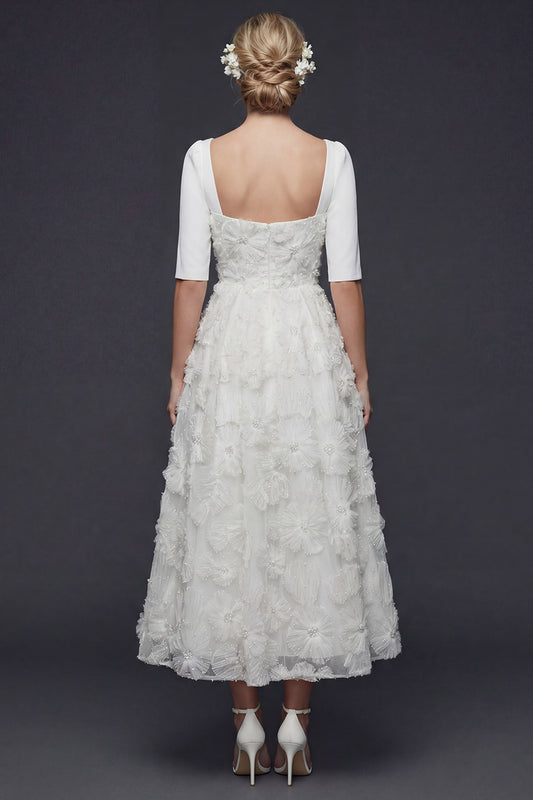 Sparkly White Beaded Maxi Floral A Line Half Sleeves Boho Wedding Dress