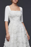Sparkly White Beaded Maxi Floral A Line Half Sleeves Boho Wedding Dress