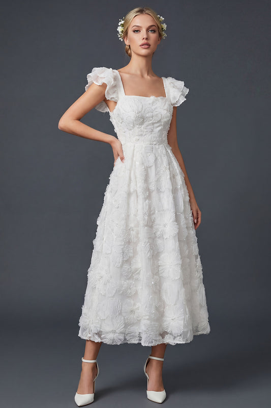 Sparkly White Ruffled Beaded Maxi Floral Boho Wedding Dress