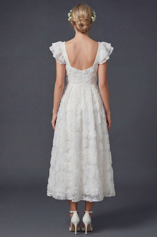 Sparkly White Ruffled Beaded Maxi Floral Boho Wedding Dress