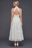 White A Line Halter Maxi Floral Boho Wedding Dress