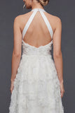 White A Line Halter Maxi Floral Boho Wedding Dress