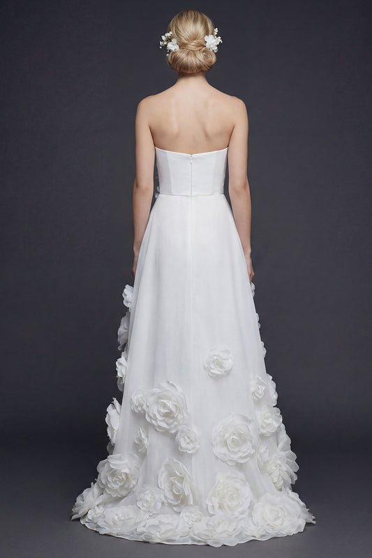 White Strapless A Line High-Low Boho Wedding Dress with 3D Flowers