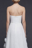 White Strapless A Line High-Low Boho Wedding Dress with 3D Flowers
